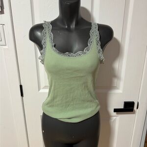 Lace-Trim Ribbed Tank Top - Light Green